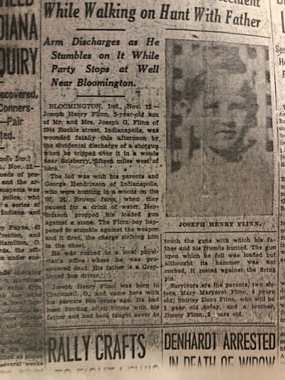 Newspaper clipping describing Joseph Henry Flinn's fatal hunting accident near Solsberry.