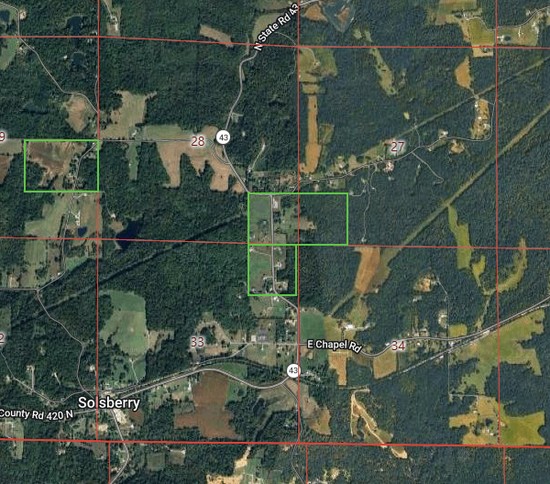 Modern overlay showing Brown parcels near Solsberry, Indiana.