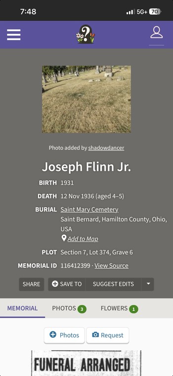 Find a Grave screenshot showing Joseph Flinn Jr. buried at Saint Mary Cemetery.