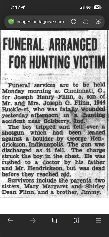 Newspaper clipping stating that funeral services were held in Cincinnati, Ohio.
