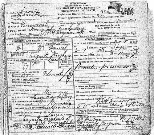 Death certificate for Henry John Freudenberg showing Cincinnati address and burial at Saint Mary's Cemetery.