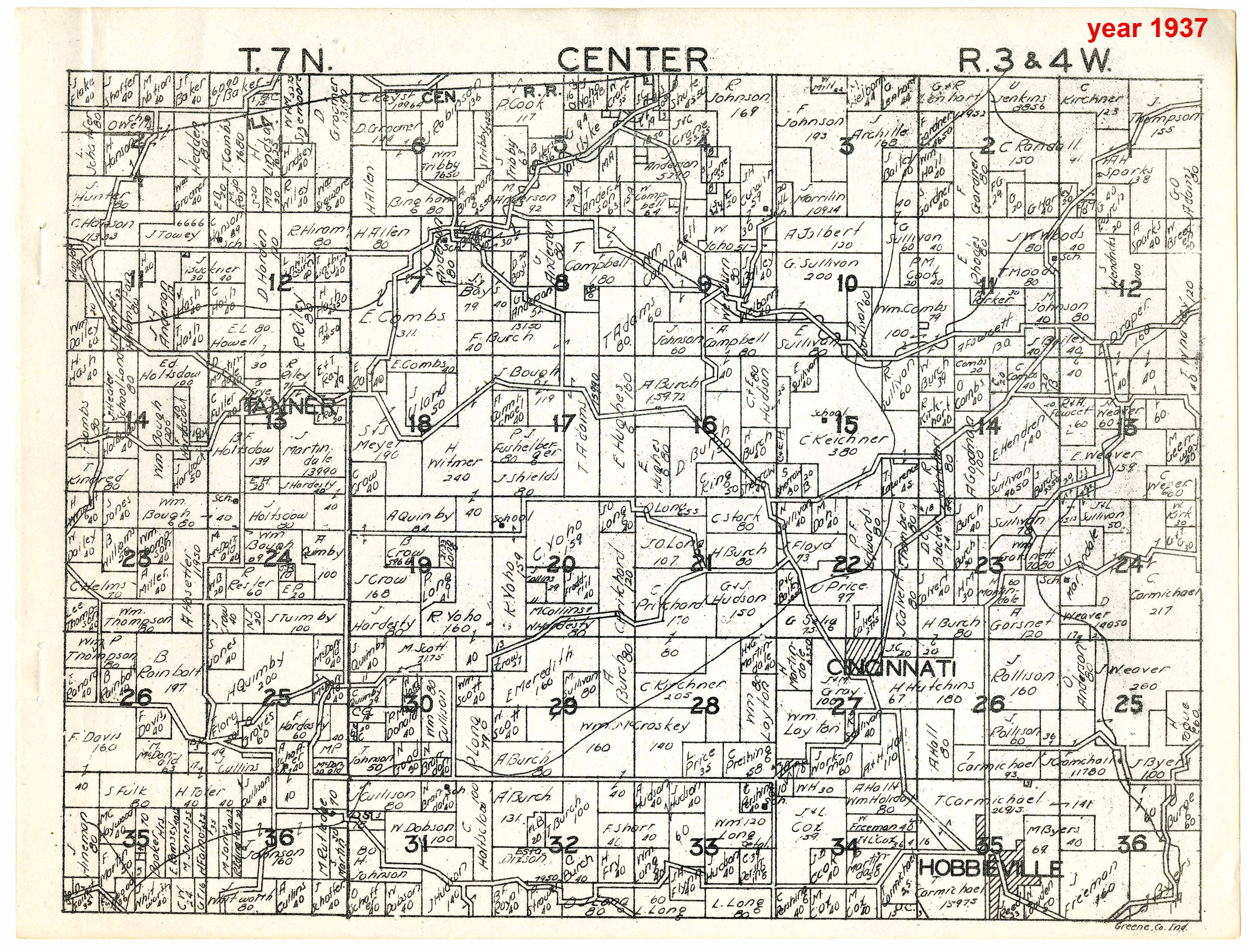 1937 Center Township plat page showing Flynn land.